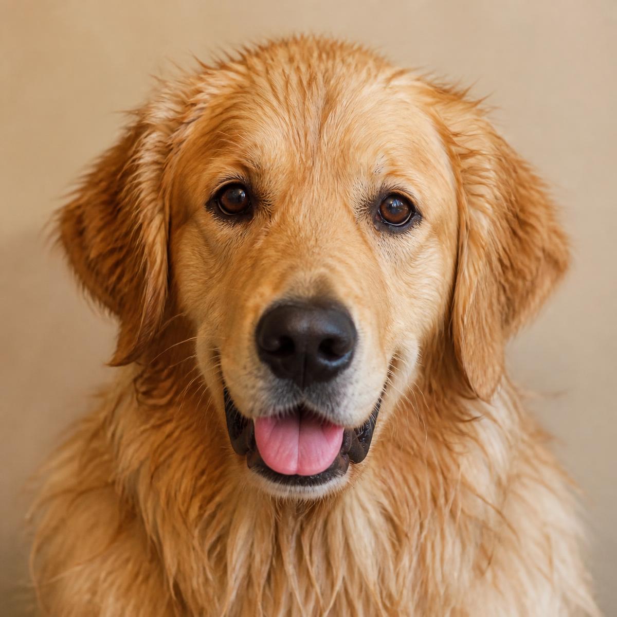 Freshly bathed golden retriever looking at camera